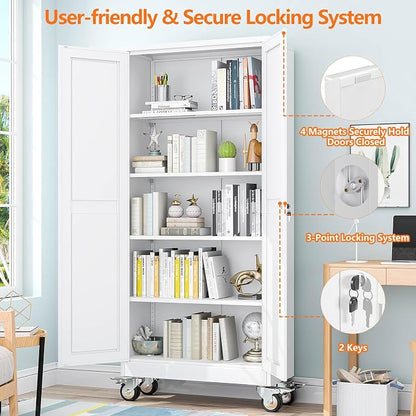 pozdeg 71" Metal Garage Storage Cabinets with Wheels, Lockable Rolling File Cabinets with 2 Doors and 4 Adjustable Shelves, Steel Tool Organizer Locker for Office Home Garage Gym School, White