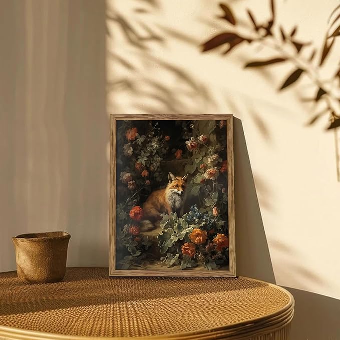 Vintage Fox Canvas Wall Art, Dark Academia Floral Decor, Nature Botanical Animal Painting, Farmhouse Fox Picture Print, Aesthetic Wall Decor for Living Room Bedroom 16x24 inch Wood Framed