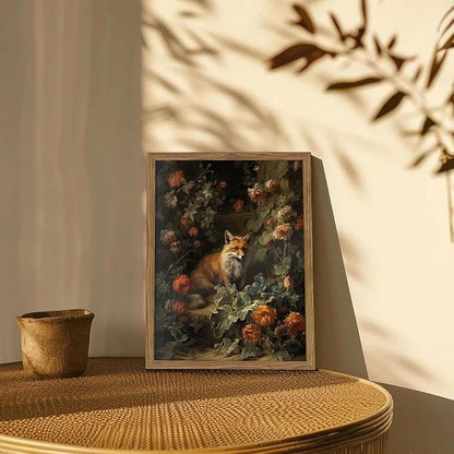 Vintage Fox Canvas Wall Art, Dark Academia Floral Decor, Nature Botanical Animal Painting, Farmhouse Fox Picture Print, Aesthetic Wall Decor for Living Room Bedroom 16x24 inch Wood Framed