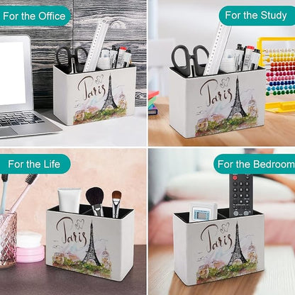 Niapessel Pencil Holder for Desk, Paris Eiffel Tower Pen Holder Storage Desktop Pen Organizer Desk Pencil Organizer Makeup Brush Holder for Office School College Leather