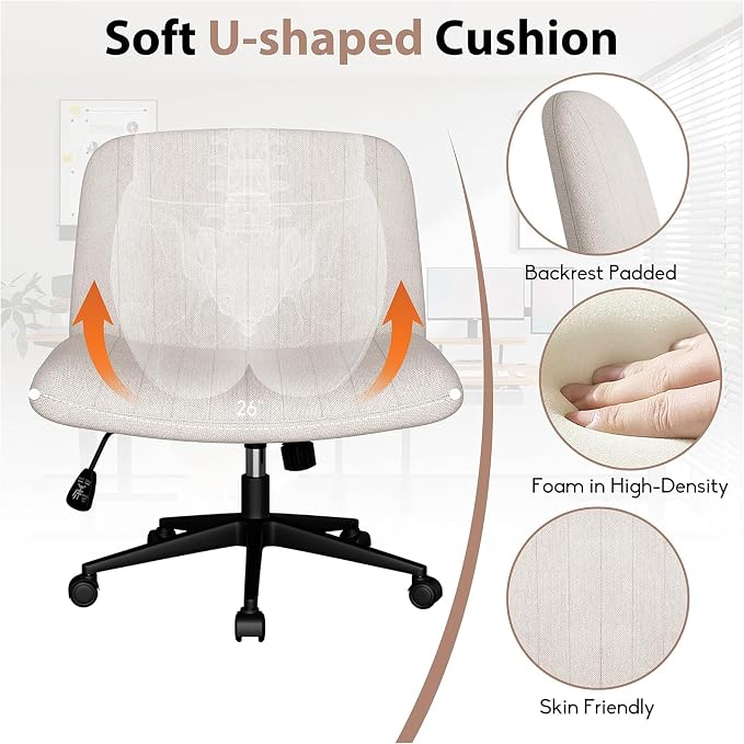 SUNLEI Cross Legged Office Chair with Wheels, Armless Wide Chair's for Vanity Desk, Criss Cross Comfy Chairs with Back, Desk Chair/s of Height Adjustable Swivel, White