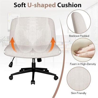 SUNLEI Cross Legged Office Chair with Wheels, Armless Wide Chair's for Vanity Desk, Criss Cross Comfy Chairs with Back, Desk Chair/s of Height Adjustable Swivel, White
