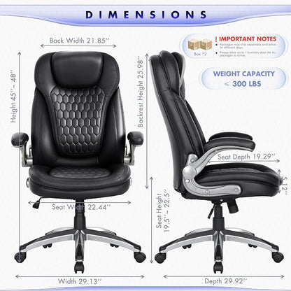 COLAMY High Back Executive Office Chairs,Ergonomic PU Leather Desk Chairs with Flip-Up Armrests, Adjustable Height, Lumbar Support,Comfortable Computer Chairs for Home Office,Set of 2