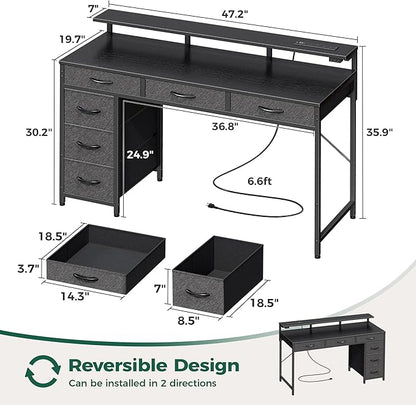 Huuger Gaming Desk with 6 Drawers, Computer Desk with LED Lights Power Outlets and Type-C, 47 Inch Office Desk with Storage, Monitor Stand, Writing Desk Work Desk Home Office, Bedroom, Black