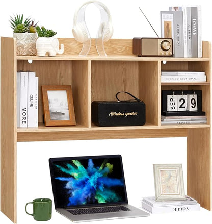 Nromant Desktop Bookshelf, Wooden Desk Storage Hutch with 6 Shelves for Computer Desk, 3-Tier Desktop Display Organizer Rack for Office Home (Natural)
