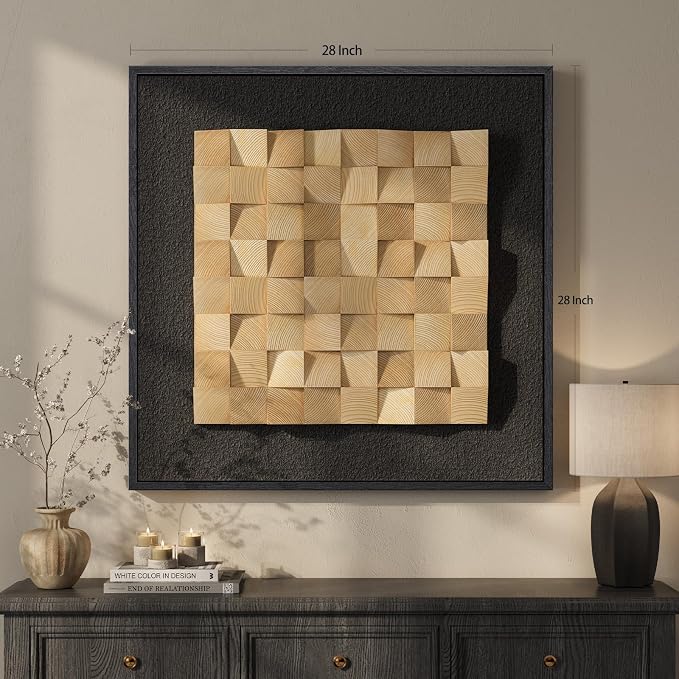 Framed 3D Textured Wood Wall Art, Modern Minimalist Nature Wood Geometric Artwork for Walls, Contemporary Rustic Black Sandstone Painting Wall Decor for Living Room, Bedroom, Kitchen, Office, 28x28