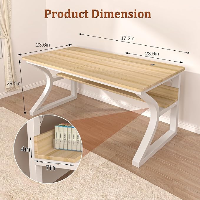 47 inch Computer Desk, Home Office Desk with Storage Shelf, Sturdy U-Shaped Metal Frame Study Table with Cable Management, Gaming Desk for Office & Bedroom (Light Walnut, 47inch)