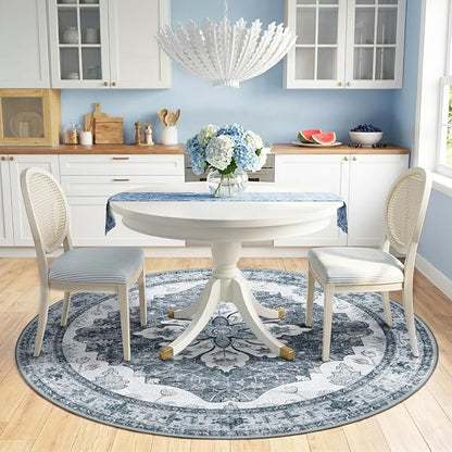 RELEANY Area Rugs Round 6ft Washable Non-Slip, Floral Vintage Distress Medallion Carpet for Living Room Bedroom Dining Room, Light Gray Grey White