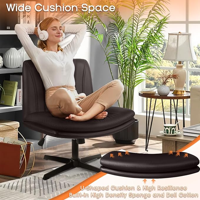 PUKAMI Criss Cross Chair,Comfy Cross Legged Office Desk Chair No Wheels,Modern Fabric Swivel Adjustable Height Mid Back Wide Seat for Home Office Computer (Pu Brown)