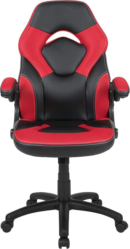 Flash Furniture X10 High-Back LeatherSoft Racing Style Gaming Chair with Flip-Up Arms, Ergonomic Padded Swivel Computer Chair, Red/Black