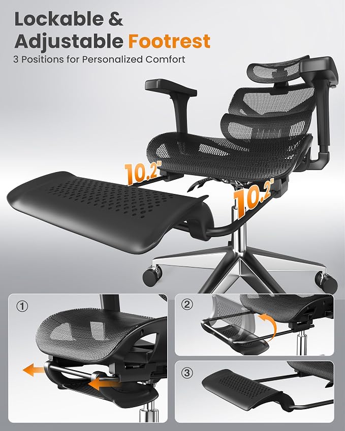 naspaluro Ergonomic Office Chair, High Back Mesh Desk Chair, 350lbs Capacity, Lumbar Support, 3D Armrest Headrest, Footrest, PU Wheels, Swivel Computer Chair for Home Office, Work & Gaming