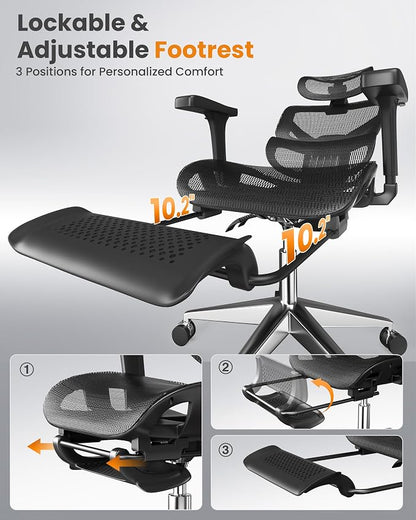 naspaluro Ergonomic Office Chair, High Back Mesh Desk Chair, 350lbs Capacity, Lumbar Support, 3D Armrest Headrest, Footrest, PU Wheels, Swivel Computer Chair for Home Office, Work & Gaming