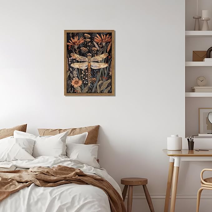 Vintage Framed Dragonfly Wall Art, Dark Academia Insect Art Print, Modern Farmhouse Wall Decor, Botanical Floral Canvas, Rural Dragonfly Painting Artwork for Bedroom Living Room 16x24 inch