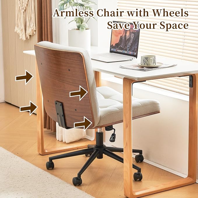 Furnimart Heavy-Duty FSC Wooden Wide Desk Chair, 360° Swivel Criss Cross Office Chair with Wheels, Comfy Cross Legged Sitting, Armless Rolling Chair for Bedroom, Office, Vanity (Linen Beige)