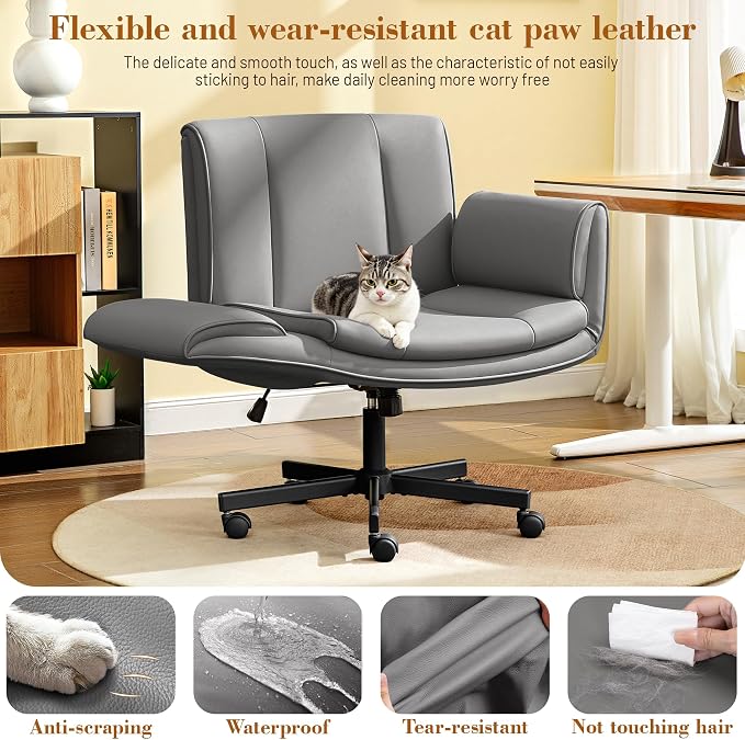 HeroSet Criss Cross Chair with Wheels & Armrests,Comfy Wide Vanity Chair,Scratch-Resistant Pu Leather Cross Legged Desk Chair,Height Adjustable Computer Office Desk Chairs for Home,Makeup,Bedroom