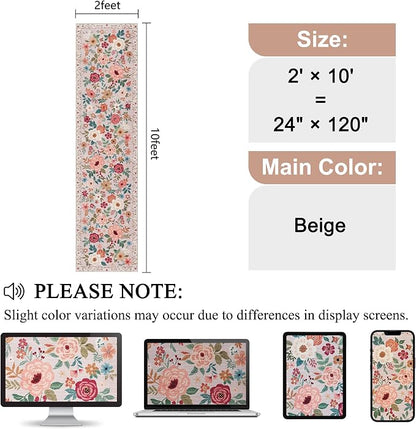 DUKINO 2x10 Runner Rug for Hallway, Washable Kitchen Runner Rug with Non Slip Backing, Low Pile Soft Boho Floral Carpet Carpet for Kitchen, Hallway, Entryway, Laundry, Bedroom, Beige