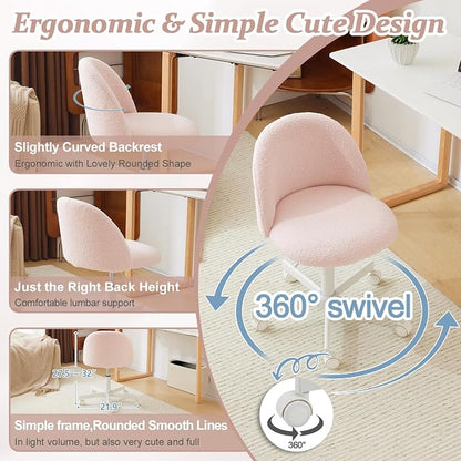 VINGLI Cute Candy Chair Armless Comfy Small Office Desk Vanity Chair with Wheels & Lumbar Support,Teddy Adjustable Rolling Swivel Computer Task Ch for Home Office,Bedroom,Gentle Pink