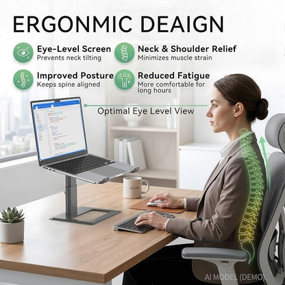 SOUNDANCE Adjustable Laptop Stand, Ergonomic Aluminum Riser for 10-17.3” Notebooks, Ventilated Metal Holder with Height Alignment for Desk Workspace, Grey