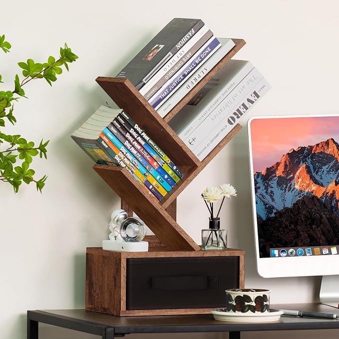 SHEEPAM Small Bookshelf with Drawer,4 Tier Tree Book Shelf,Wood Desk Bookshelves,Modern Free Standing Desktop Display Shelves,Brown Floor Standing Organizer Bookcase for Living Room,Bedroom,Office