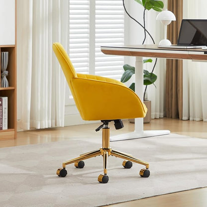 YITAI Velvet Office Desk Chair with Wheels and Gold Base,Modern Height Adjustable 360 Degree Swivel Upholstered Vanity Chairs with Arms for Living Room Bedroom, Study,Yellow