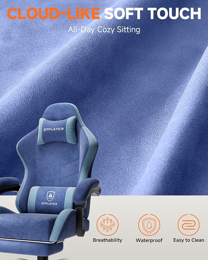 GTPLAYER Gaming Chair with Footrest, Computer Gaming Chair for Adults, Height Adjustable Gamer Chair with 90-155° Recline & Removable Headrest Lumbar Support,Performance Fabric Blue
