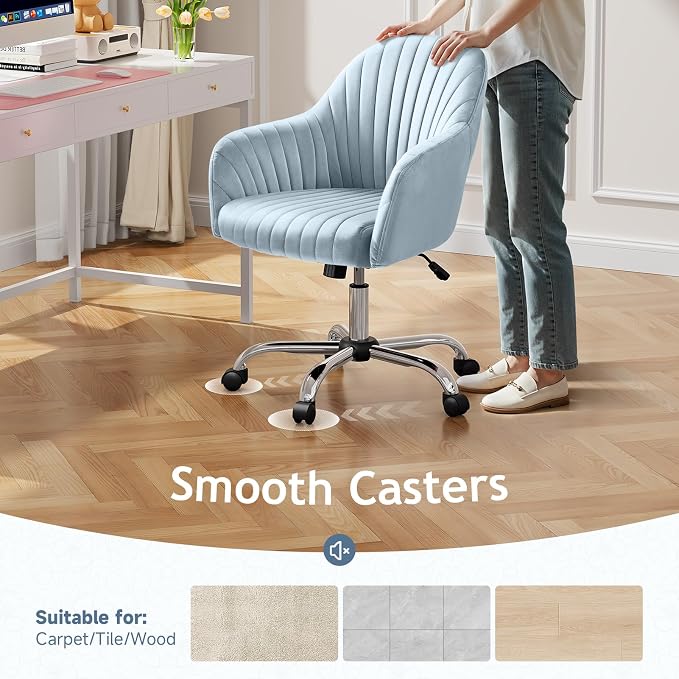 Warmiehomy Velvet Desk Chair for Home Office, Girls' Vanity Chairs with Arm Rest, Office Chair with Wheels, Computer Chair for Room, Velvet Dusk Blue