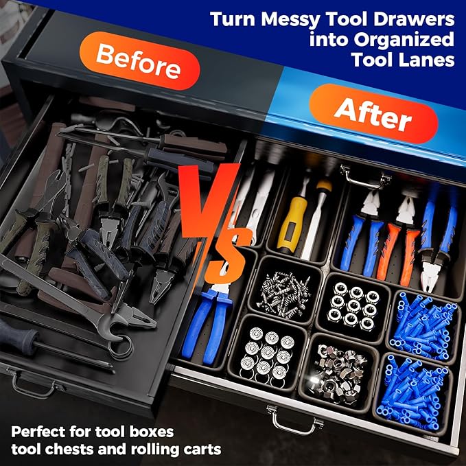 5 PCS Extra Large Toolbox Organizer Trays, Desk Drawer Organizer with EVA Non Slip Pads, Deep Drawer Dividers for Power Tools, Impact Drivers, Cordless Drills, Torque Wrenches (XL_5PCS_Black)