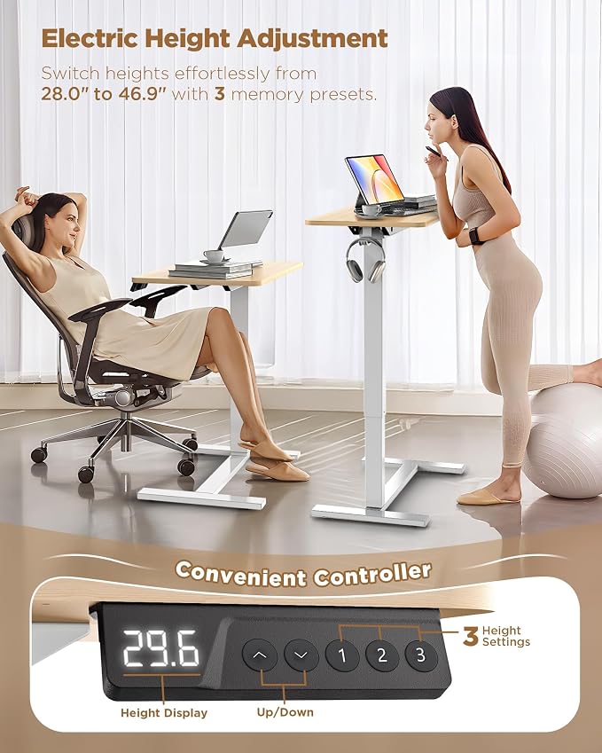 Overbed Bedside Table with Wheels, Electric Standing Desk Adjustable Height, Small Computer Desk for Home Office, Rolling Laptop Desk for Bed, Sofa, or Hospital Use (28"x16",Oak)
