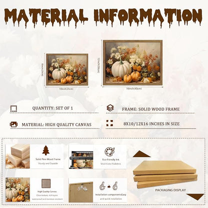 Framed Fall Pumpkin Wall Art - White Pumpkin and Autumn Floral Canvas Print, Rustic Farmhouse Harvest Halloween Thanksgiving Wall Decor for Living Room Bedroom Dining Room, 12x16in Wood Frame