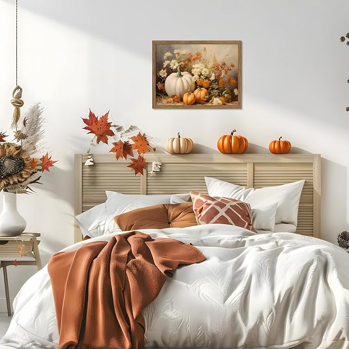 Framed Fall Pumpkin Wall Art - White Pumpkin and Autumn Floral Canvas Print, Rustic Farmhouse Harvest Halloween Thanksgiving Wall Decor for Living Room Bedroom Dining Room, 12x16in Wood Frame