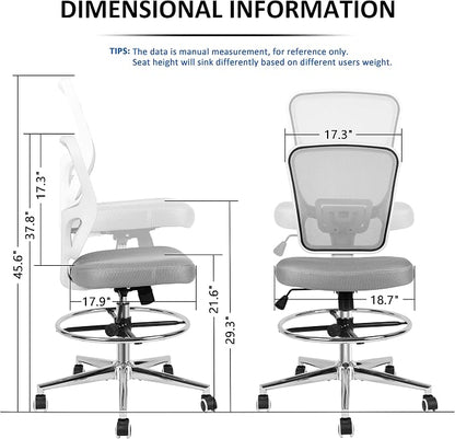 Drafting Chair, Tall Office Chair for Standing Desk, Drafting Stool with Lumbar Support, Adjustable Height and Foot Ring, Grey