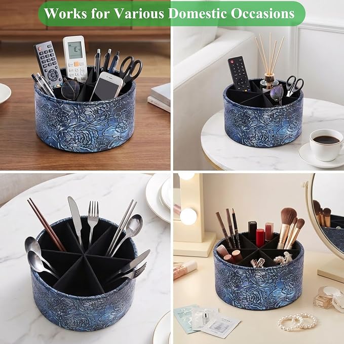 Remote Control Holder, 360°Spinning PU Leather Desk TV Remote Caddy,Desk Storage Box Room Accessories for Controller, Media,Mail,Calculator, Mobile Phone,Pencil(1B-Rich Flower Blue)