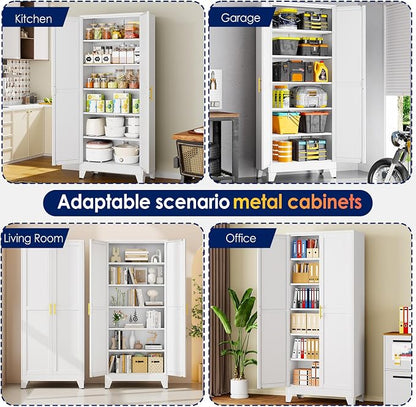 erosoei 75" H Metal Garage Storage Cabinet, Metal Pantry Cabinet with 2 Doors, Locker Steel Cabinet with 5 Adjustable Shelves, Freestanding Cupboard for Garage,Office,Home,Gym,School