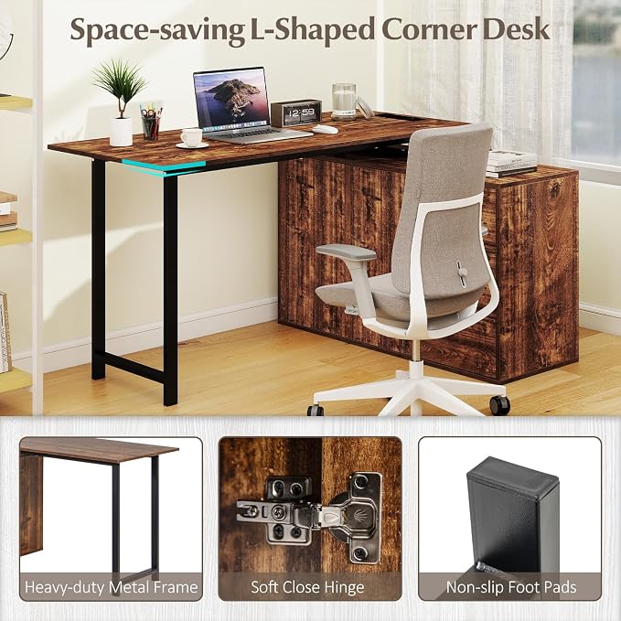 GOFLAME 54.5” L Shaped Computer Desk with Power Outlet, Reversible Corner Desk with File Cabinet and 3 Drawers, PC Desk Study Writing Table Workstation for Home Office, Small Space, Rustic Brown