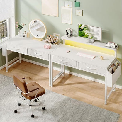 DurayLoly 32" Computer Desk with 2Drawers and Side Pocket for Teenagers,Office Desk with Monitor Stand and LED Lights, Study Writing Table with Anti-Tip Design for Small Spaces,Glacier White