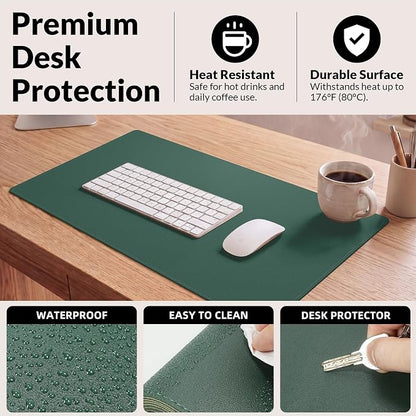 AFIING Cork Desk Mat, Dark Green, 23.6" x 13.7", Desk Pad Protector | Dual-Sided & PU Leather, Waterproof, Non-Slip for Mouse Pad, Writing, Home Office& Laptop