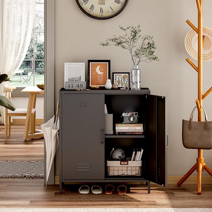 Steehoom Metal Cabinet with 2 Door, All Steel Small Locker Sideboard Buffet Storage Cabinet Console Table for Garage, Office (Black, H35.43'')