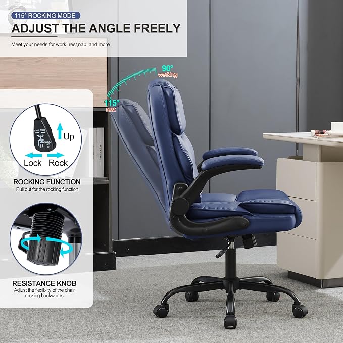 Office Desk Chair,Mid Back Executive Leather Chair,Ergonomic Home Computer Chair,Modern Conference Room Chairs with Adjustable Flip-Up Arms and Rocking Function (Navy Blue)