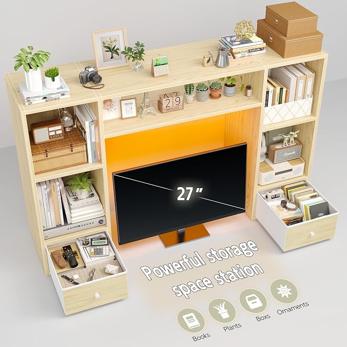 REIBII Desktop Bookshelf with LED Lights,47.2" Desktop Organizer with 6 Shelves and 2 Drawers for Top of Desk,Multipurpose Desk Hutch Dorm with Adjustable Shelves for Home and Office,Natural