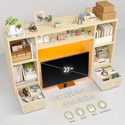 REIBII Desktop Bookshelf with LED Lights,47.2" Desktop Organizer with 6 Shelves and 2 Drawers for Top of Desk,Multipurpose Desk Hutch Dorm with Adjustable Shelves for Home and Office,Natural