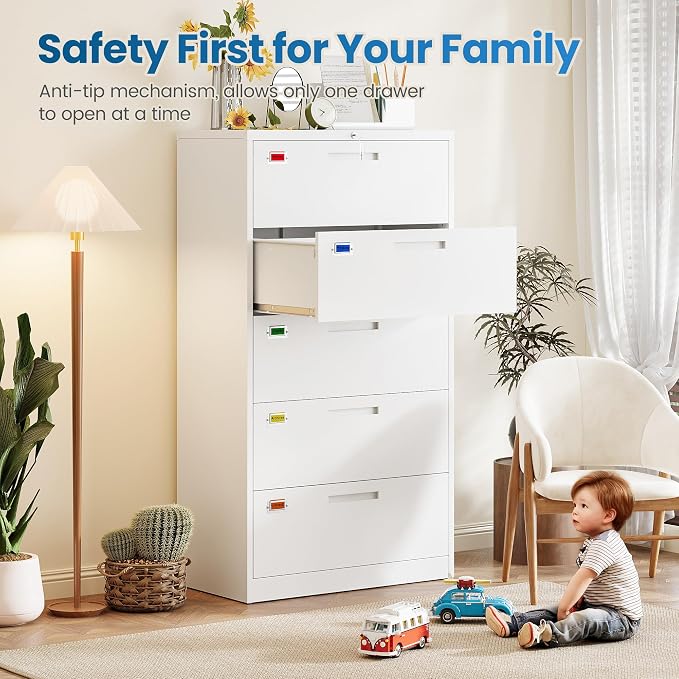 PEUKC 5 Drawer File Cabinet, Lateral Filing Cabinets for Home Office, Office Storage Drawers with Lock, Hanging Files Legal/Letter A4 Size (Assemble Required,White)