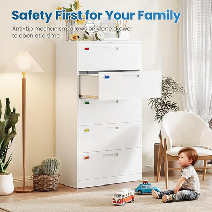 PEUKC 5 Drawer File Cabinet, Lateral Filing Cabinets for Home Office, Office Storage Drawers with Lock, Hanging Files Legal/Letter A4 Size (Assemble Required,White)
