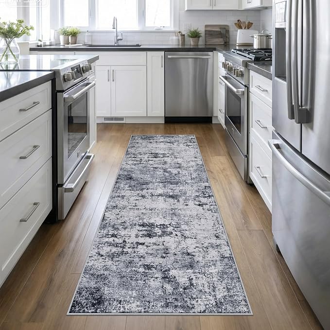 2.6'x10' Runner Rug Washable Rug: Modern Abstract Soft Thin Runner Rug Grey