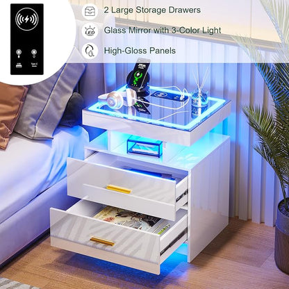 HNEBC Auto LED Nightstand Set of 2, White Night Stand with Charging Station & USB Ports, High Gloss Bedside Table has 2 Drawers,Modern End Side Table for Bedroom (White)
