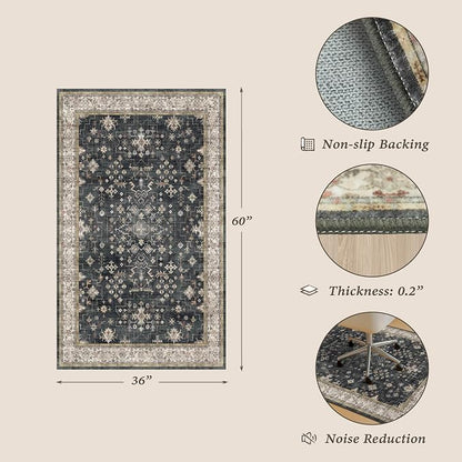 Black Modern Farmhouse 3x5 Office Chair Mat for Hard Wood & Tile Floor, Low Pile Carpet Floor Protector for Rolling Chair, Machine Washable Under Desk Rug, Non Slip Rubber Backing