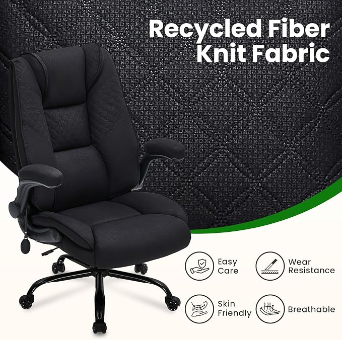 CIOMAN 500lbs Big and Tall Office Chair with Inflatable Lumbar Support for Back Pain, Executive Office Chair with Flip Up Arms and Rocking Function, Wide Cushion Computer Chair for All-Day Sitting