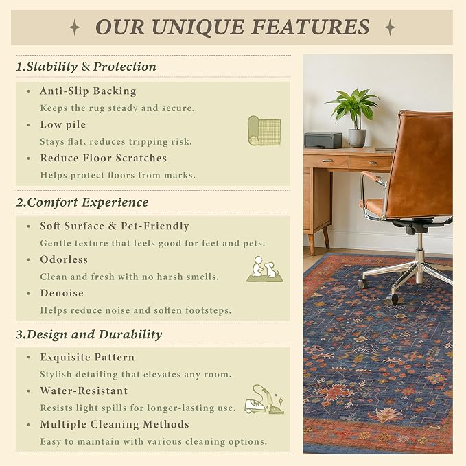Navy Blue Boho Office Chair Mat for Hardwood Floors, 48x60 Non-Slip Washable Home Office Carpet, Tile Floor Protector for Computer Gaming Chair, Under Desk Rug with Ultra Soft & Low Pile