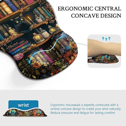 Cat Mouse Pad with Wrist Rest Cute Ergonomic Mousepad Middle Concave Office | Book Wrist Support for Women, Desk Accessories, Gaming, Work, Home, Non-Slip PU Base, for Wireless Mouse Computer Laptop