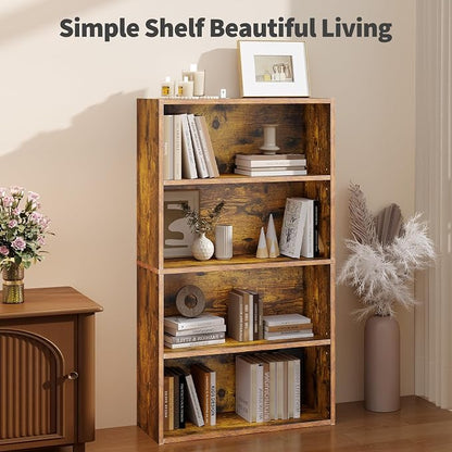 Sweetcrispy Industrial 4 Shelf Bookcase - Large 42.1 Inch Tall Floor Standing Open Bookshelf for Home Office, Living Room, and Bedroom Storage, Classic Brown