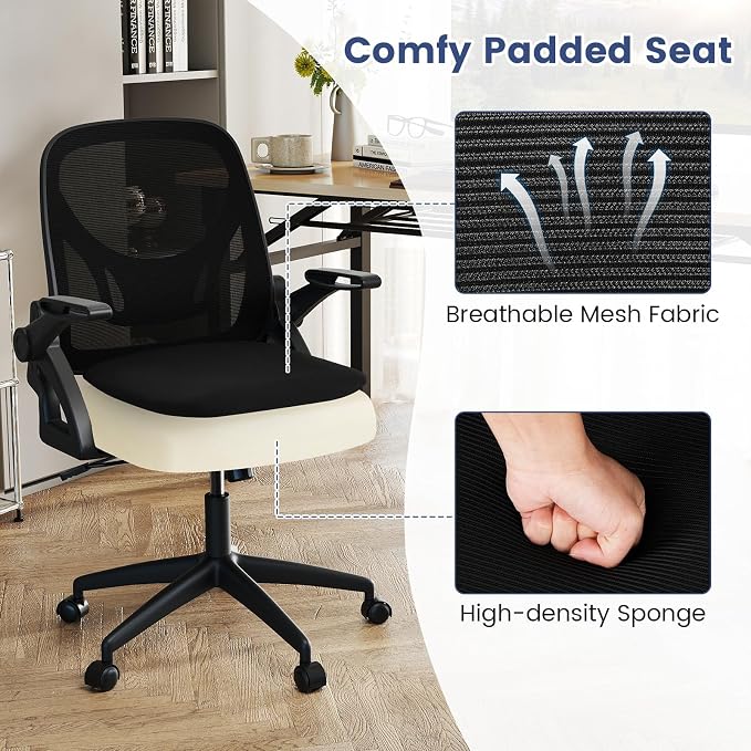 COSTWAY Office Chair, Comfy Swivel Rolling Desk Chair with Adjustable Height & Flip-Up Armrests, Ergonomic Mesh Computer Chairs with Lumbar Support for Working & Gaming (Black)